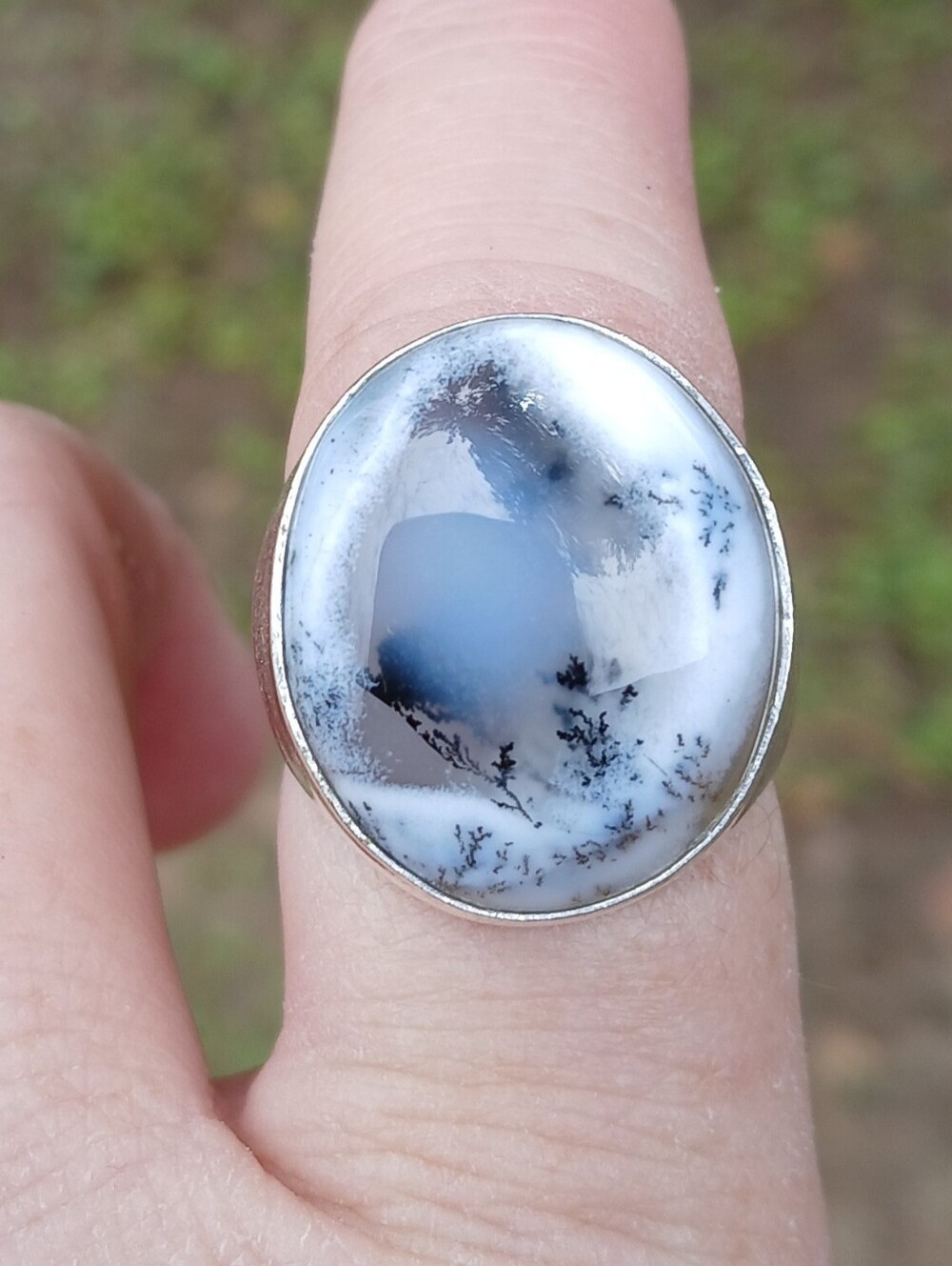 New Men's Dendritic Opal 925 Silver Ring.